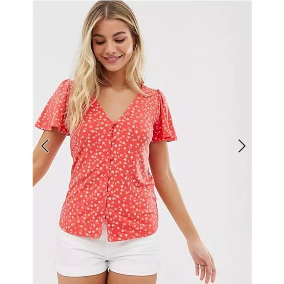 Oasis Asos Salmon Red Floral Button Down Blouse‎ Size XS - Picture 1 of 7